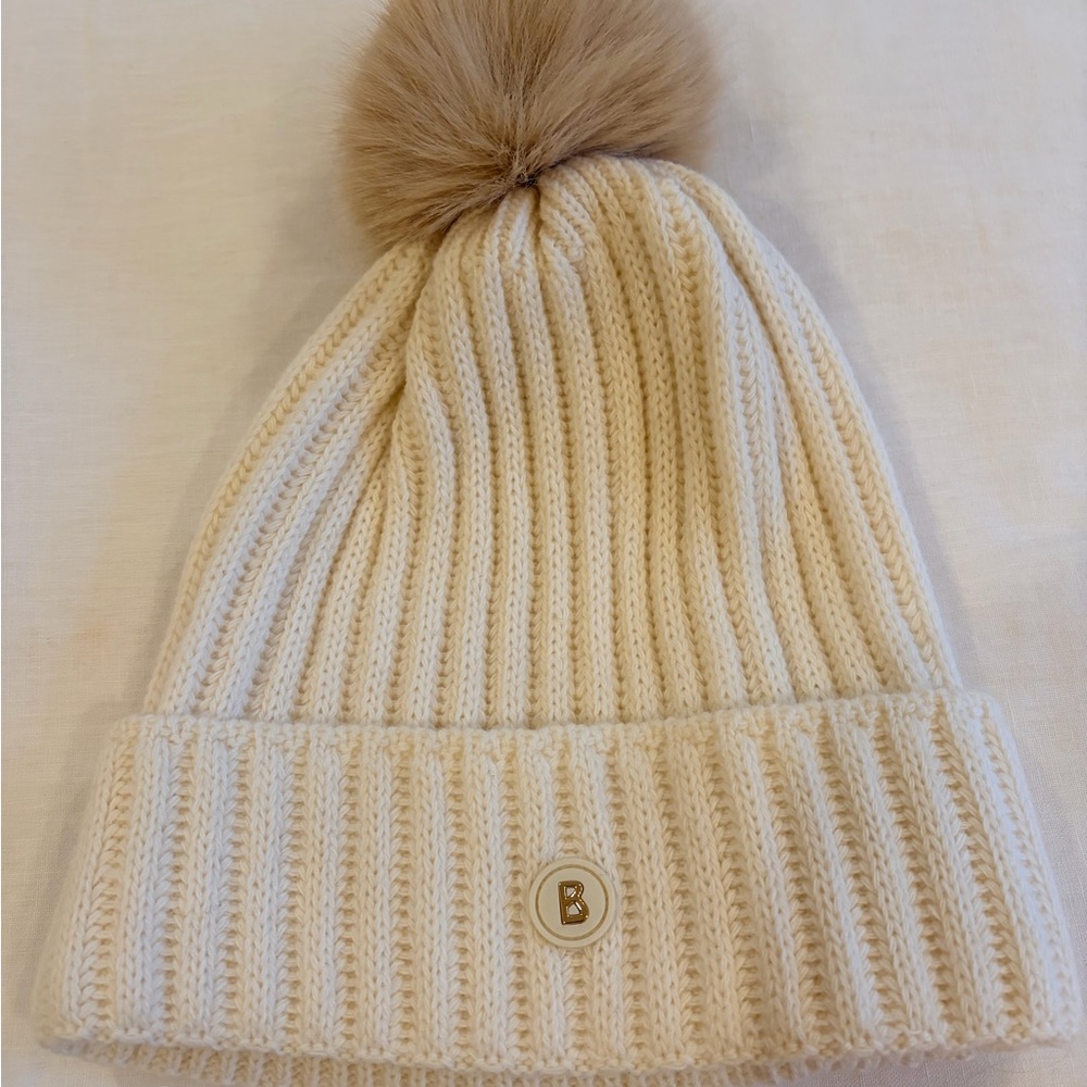 Bogner Cream Knit Beanie with Tan Fur Pom